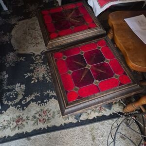 Vintage Decorative Tile Top Side Tables - Red Tile Inlay